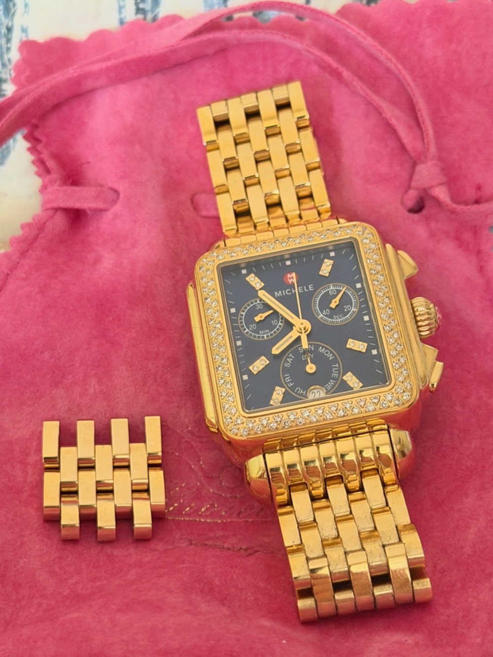 Michele Gold Bracelet Watch with Blue Dial and Diamond Bezel - Picture 2 of 7